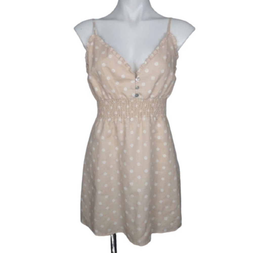 Privacy Please Delia Mini Linen Blend Dress in Nude & White Dot Size Medium